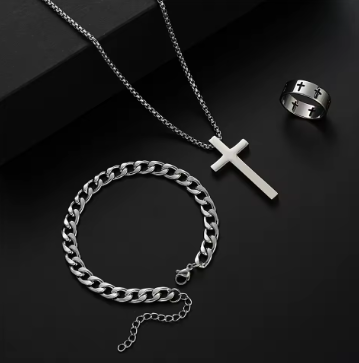 3pcs Set Men's : Stainless Steel Metal Cross Pendant Chain Necklace,  Bracelet,  Ring